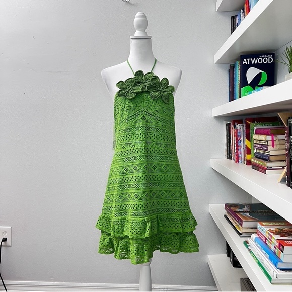 Farm Rio Halter Floral Ruffle NWT Crochet Mini Dress, Size XL - Picture 2 of 16